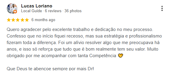 Avaliação de Lucas Loriano no Google — 5 estrelas, agradecendo pelo excelente trabalho e dedicação no processo