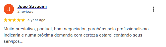 Avaliação de João Savacini no Google — 5 estrelas, destacando pontualidade, profissionalismo e capacidade de negociação